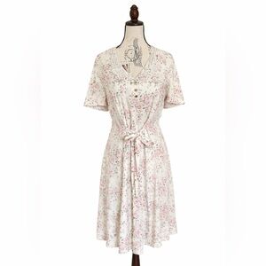 Vintage Paris Sport Club Floral Lace Trim Dress Pink Roses Tie Waist Cottagecore
